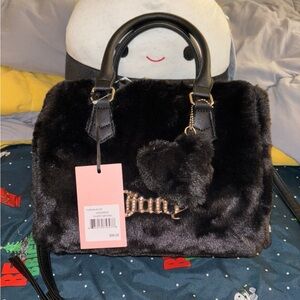 Juicy Viral Black Quilted Faux Fur Lets get Cozy Satchel Bag